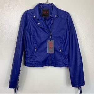Yoki blue fringe leather jacket